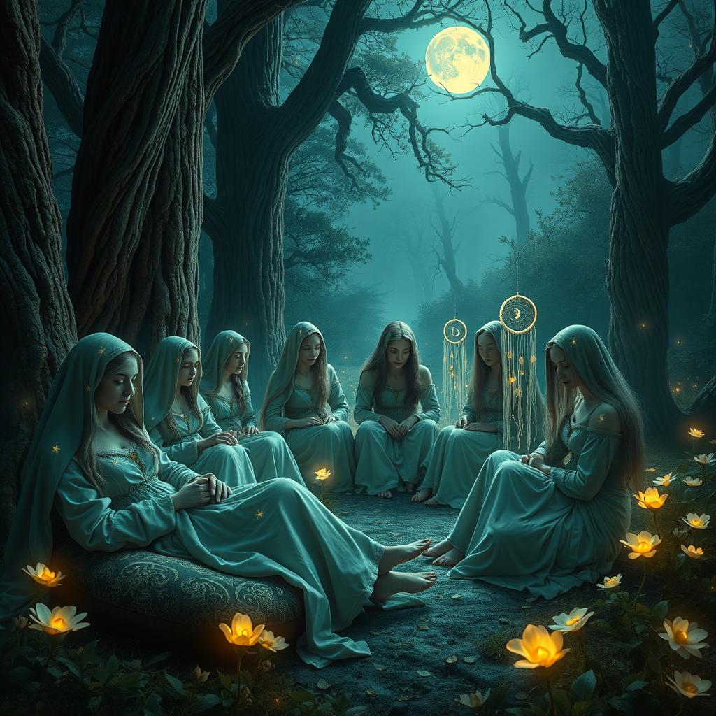 An enchanting portrayal of a cult of dreaming women in a medieval fantasy setting, gathered in a mystical grove illuminated by moonlight