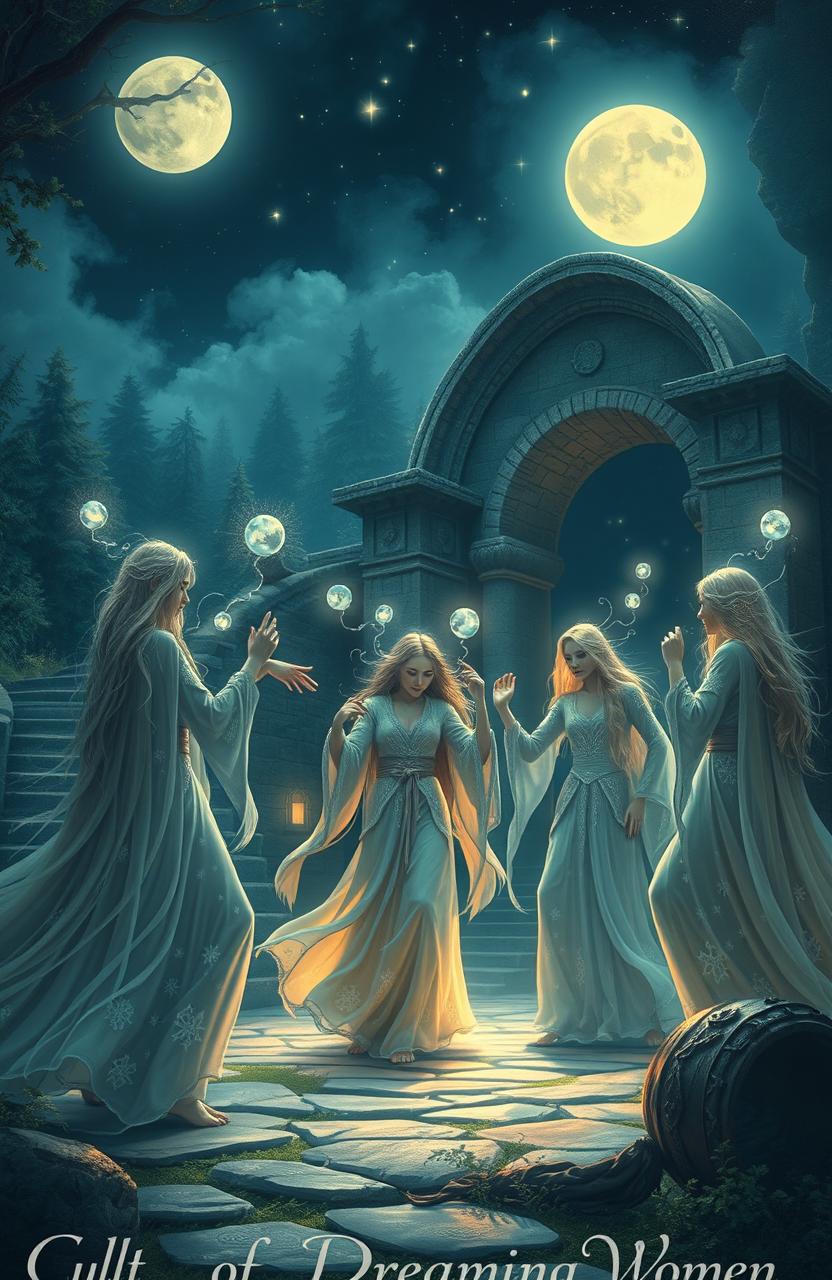 A mystical scene depicting a medieval fantasy world centered around a Cult of Dreaming Women