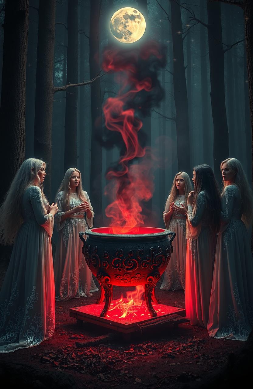 A mystical scene depicting a cult of dreaming women gathered in an ancient, enchanted forest