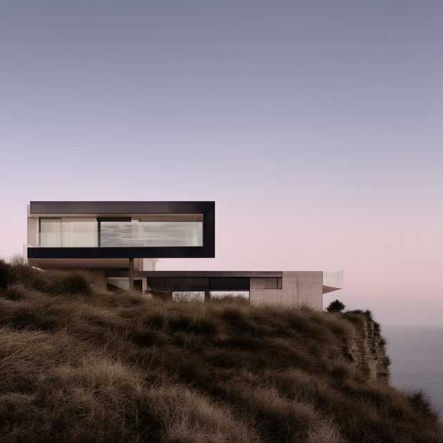 Minimalist house on a cliff top, captured in an architectural photograph style