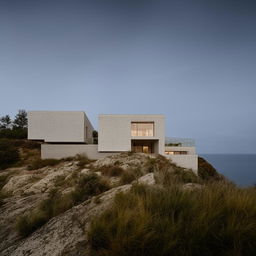 Minimalist house on a cliff top, captured in an architectural photograph style