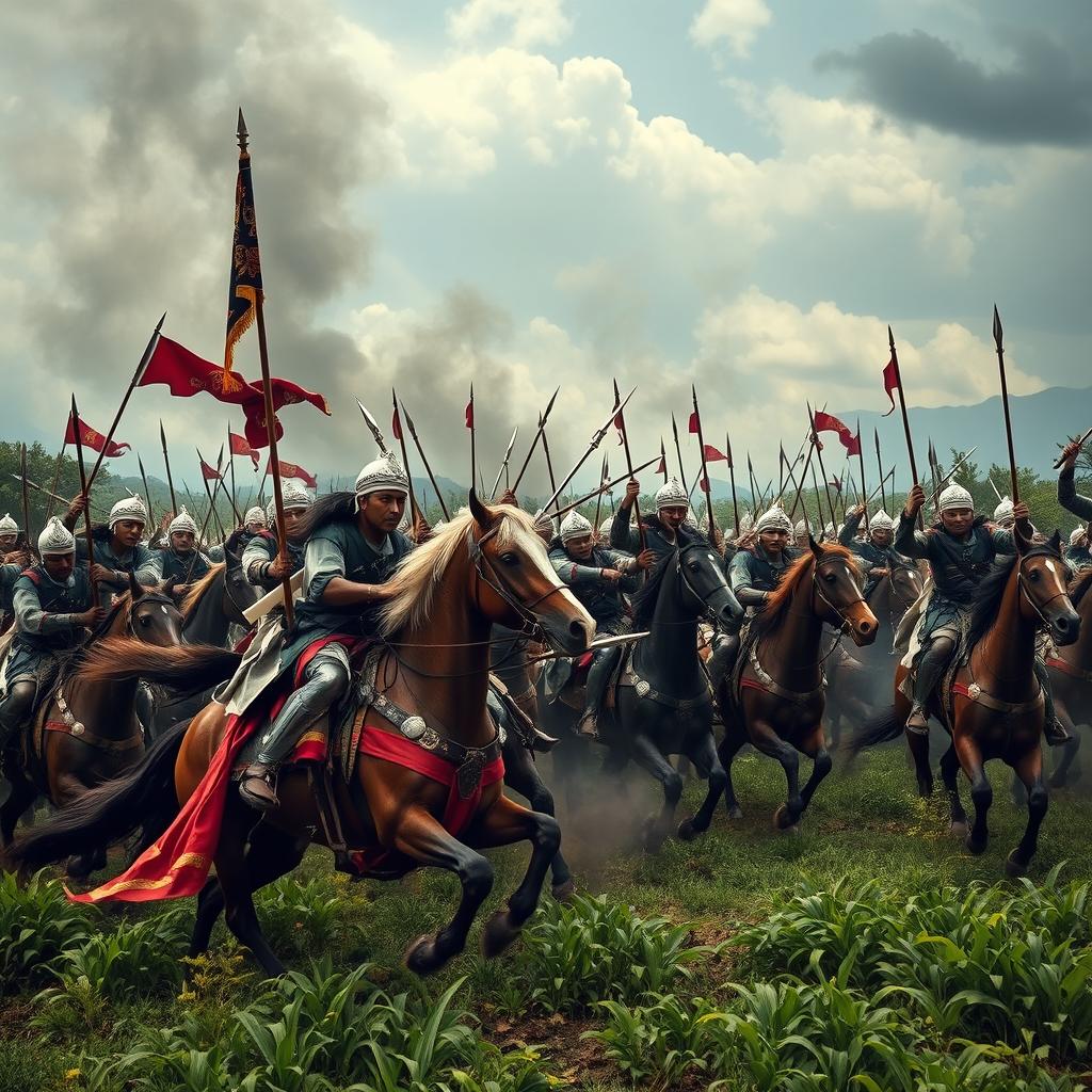 An epic scene depicting Indonesian soldiers wearing white turbans and black armor, mounted on horseback and wielding swords and spears, engaged in battle with ancient Hindu Majapahit warriors