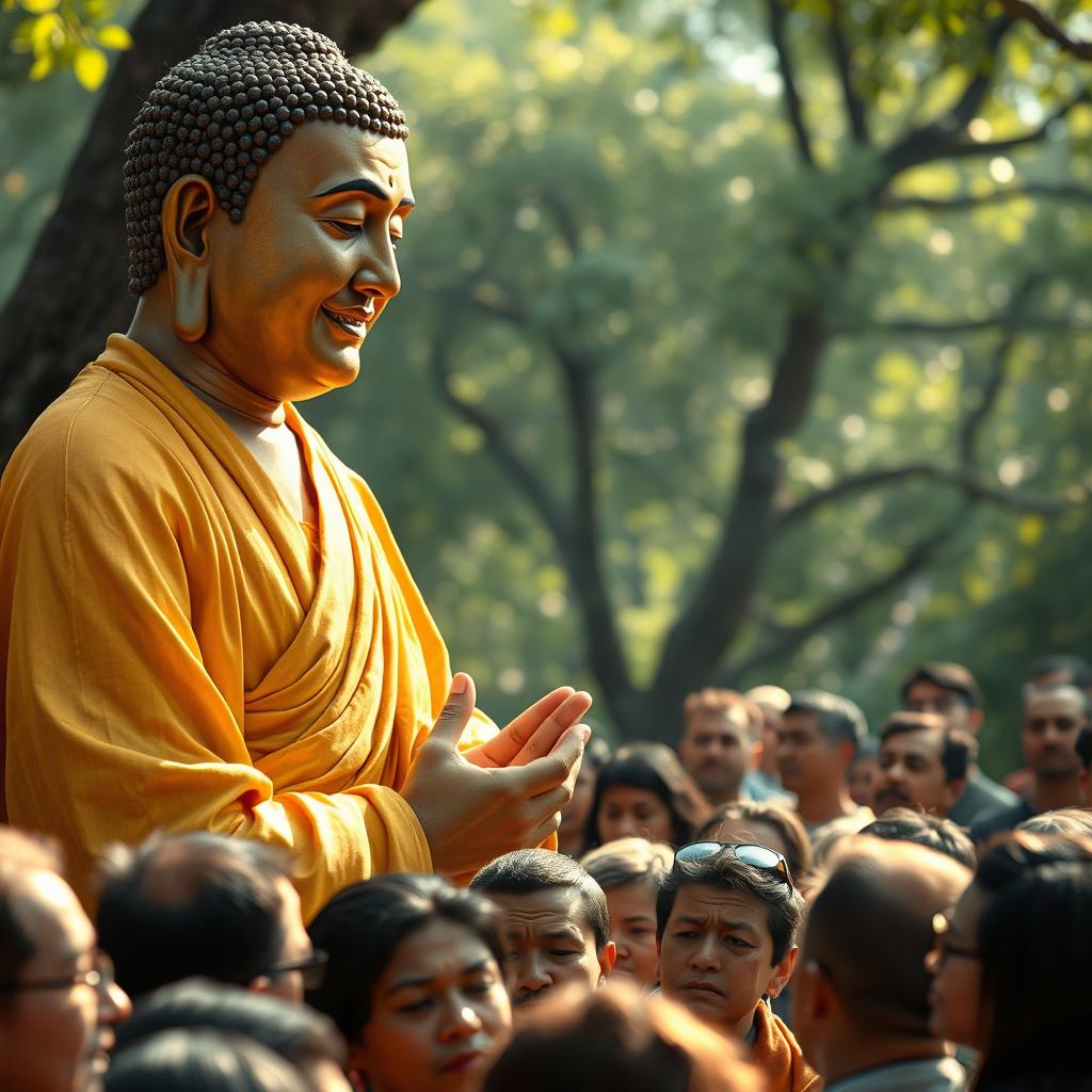 An evocative scene of Lord Buddha delivering a compelling Dharma discourse, with a compassionate and serene expression as he addresses a group of listeners