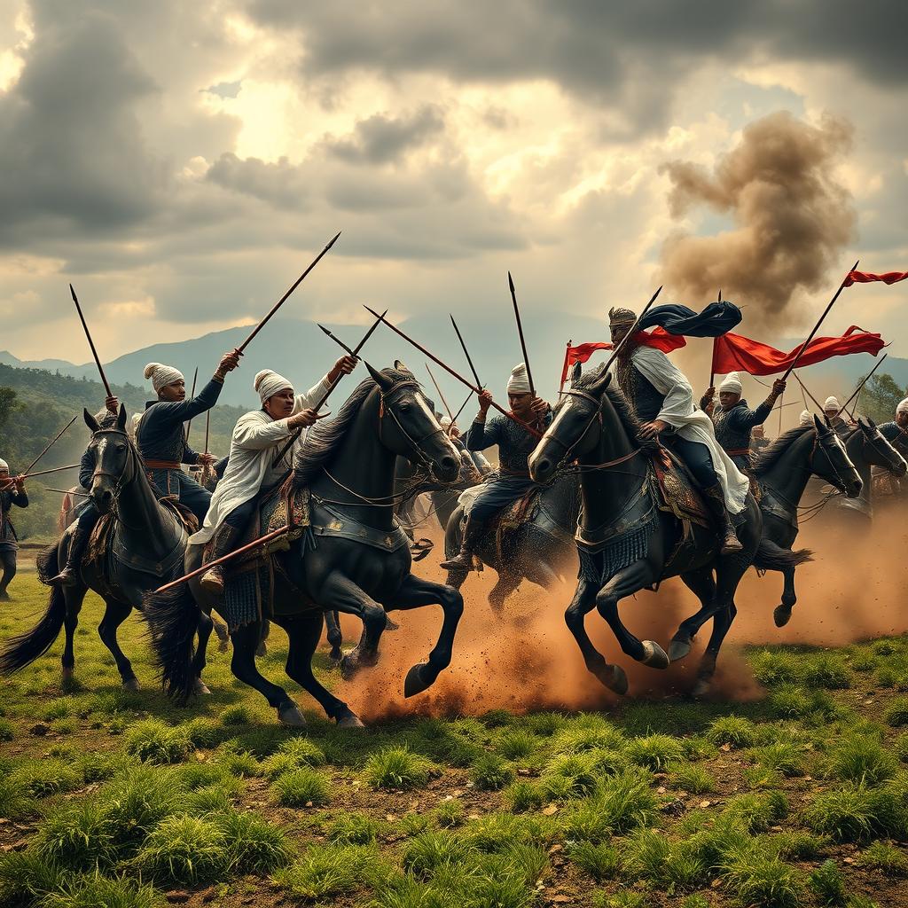 An epic scene of Indonesian soldiers in white turbans and black armor, mounted on majestic horses, wielding swords and spears, fiercely engaging in battle against ancient Hindu Majapahit warriors