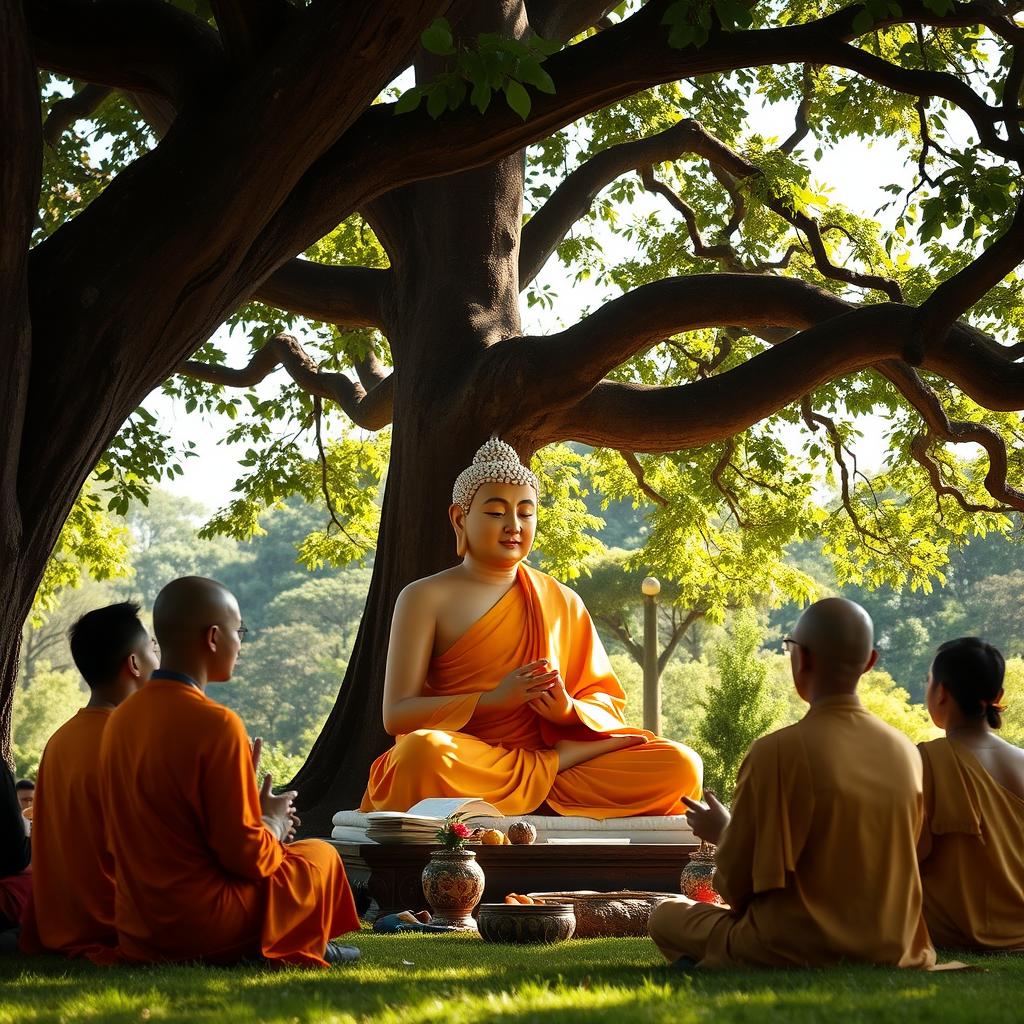 A serene scene of Lord Buddha delivering a Dharma discourse while seated under the shade of a large tree