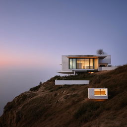 Minimalist house on a cliff top, captured in an architectural photograph style