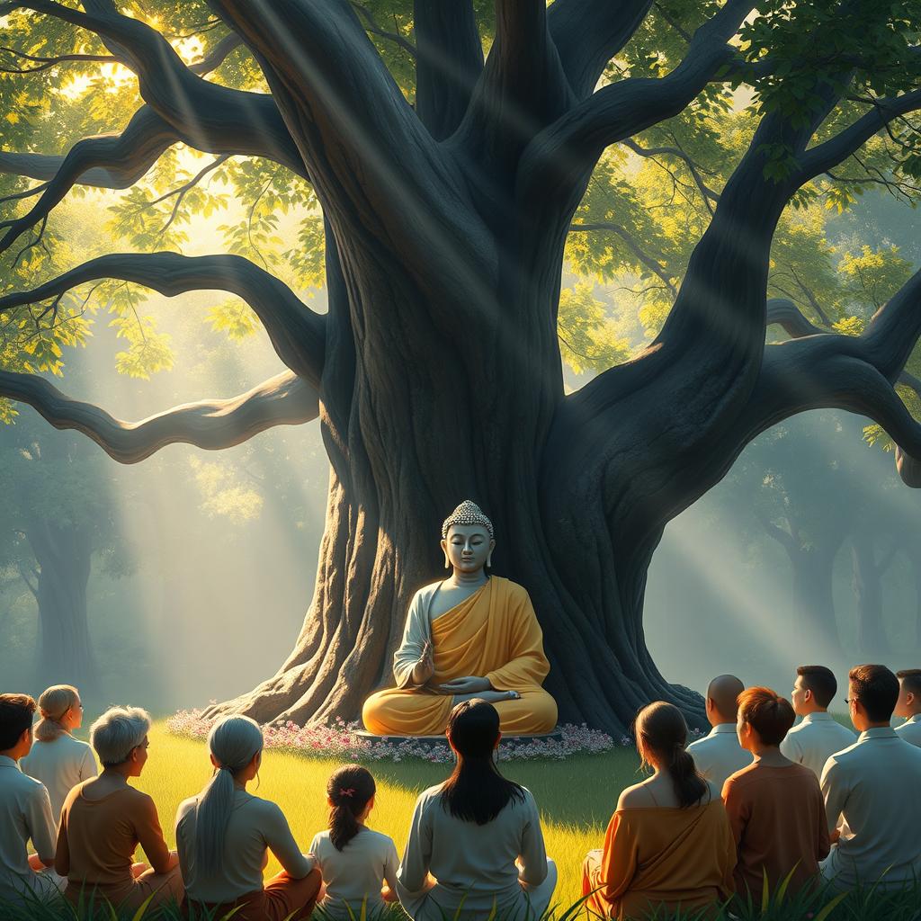 A serene scene of the Buddha delivering a Dharma talk beneath a large tree in a tranquil forest setting