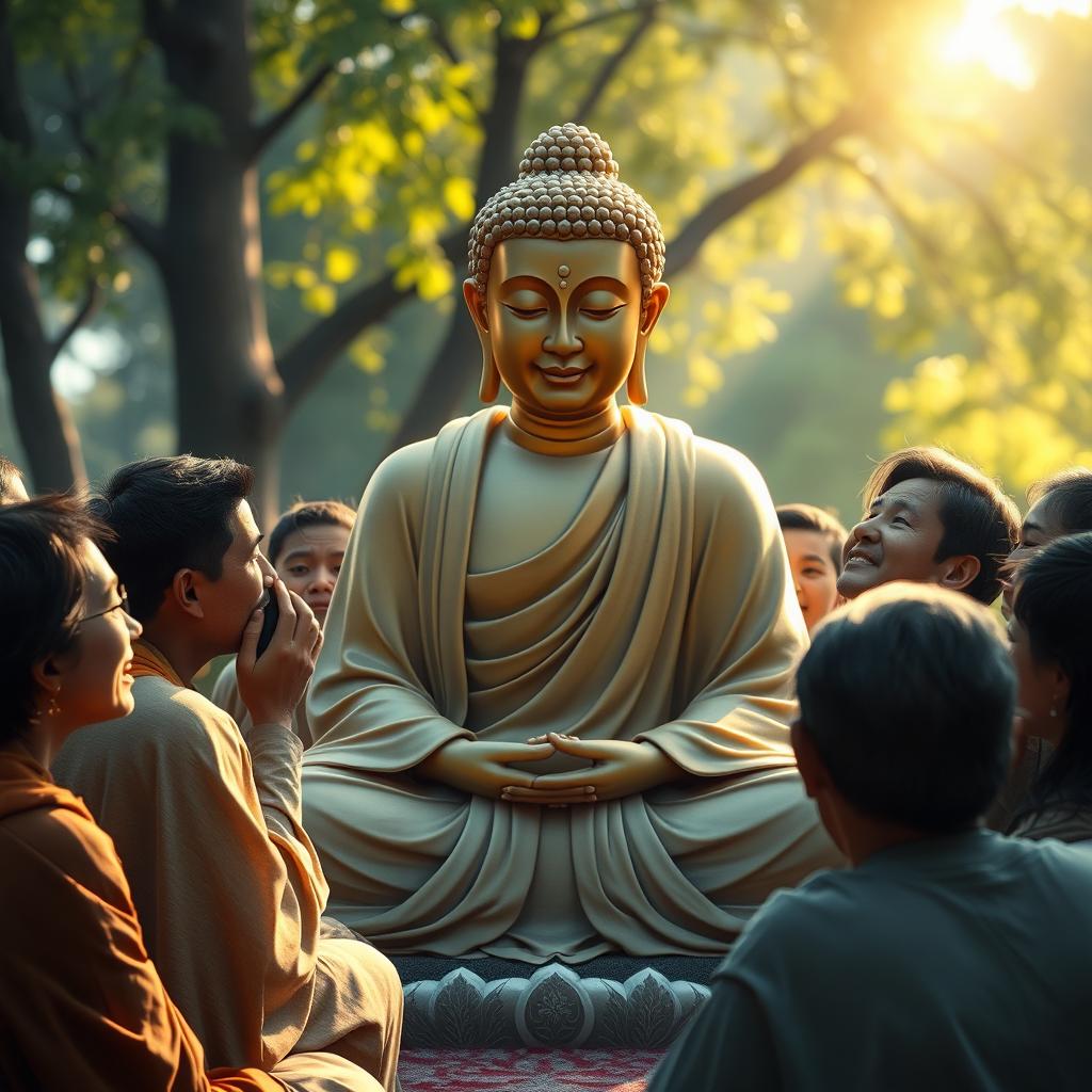 A heartfelt scene depicting people crying and expressing their emotions close to the Buddha during a profound moment of teaching