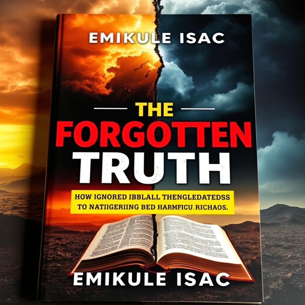 A striking book cover featuring the title 'THE FORGOTTEN TRUTH: HOW IGNORED BIBLICAL TEACHINGS LED TO NATIONAL CHAOS' by Emukule Isaac