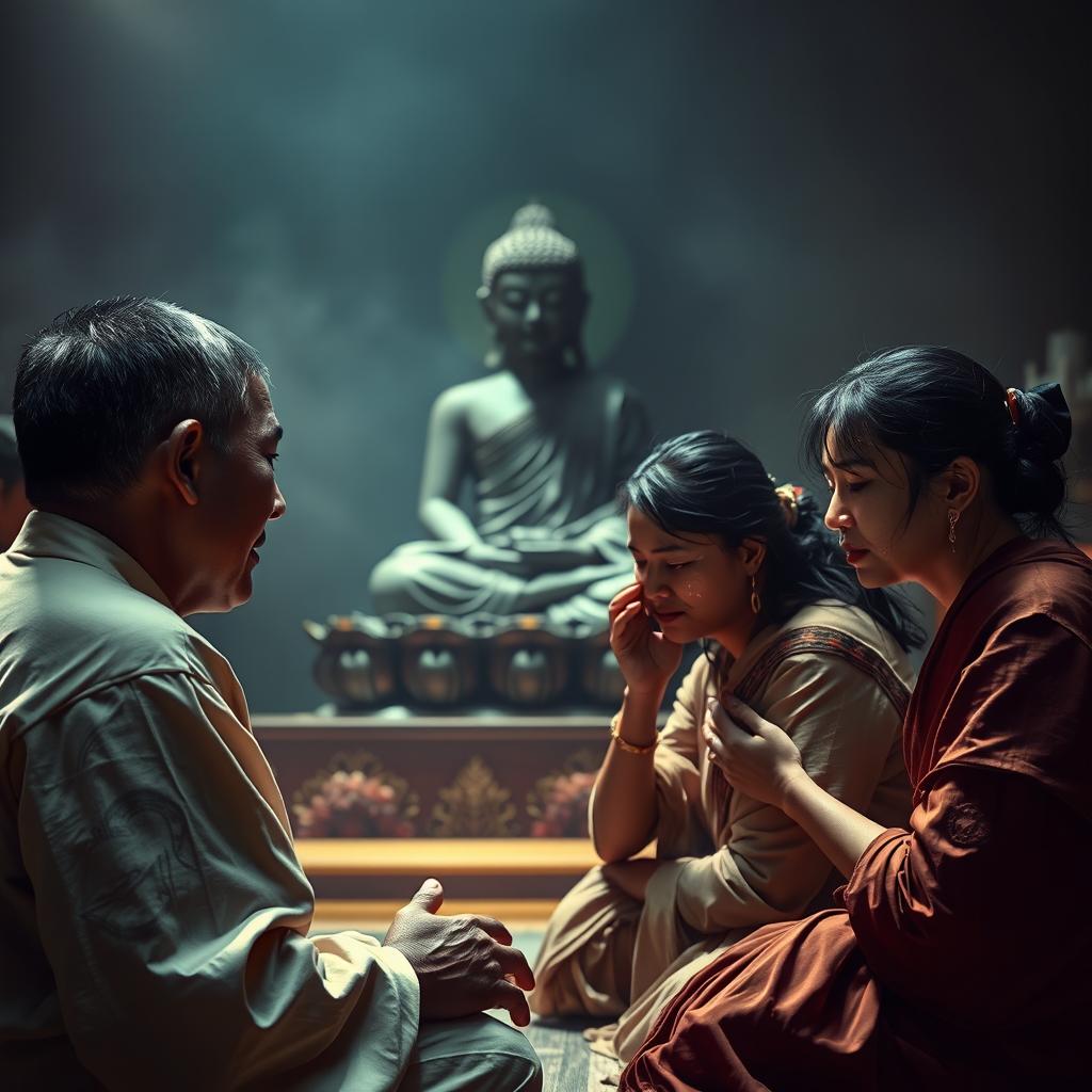 A poignant scene of people kneeling before the Buddha, visibly distressed and shedding tears as they express their emotions
