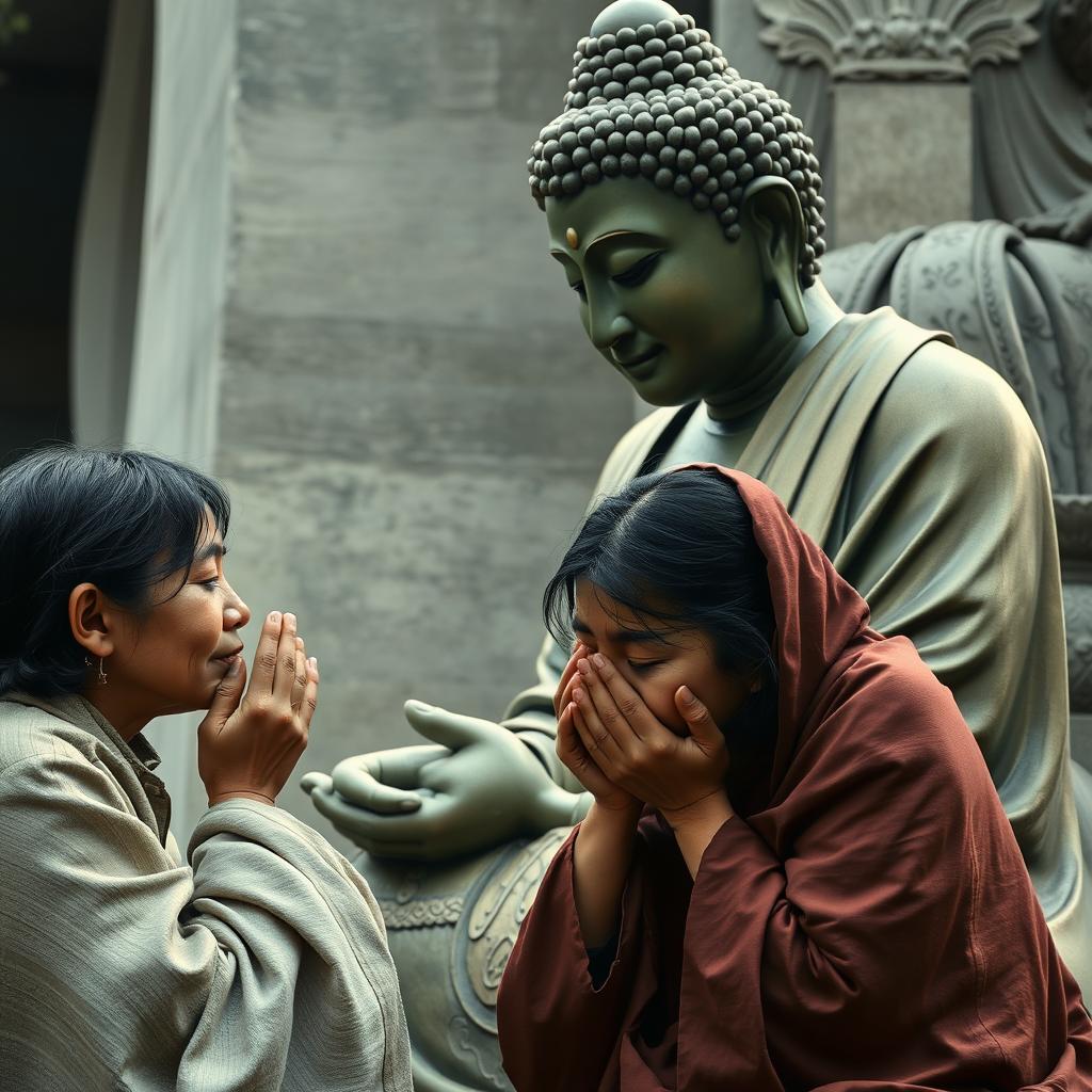 A moving scene of individuals kneeling close to the Buddha, weeping profusely and showing their sorrow