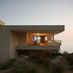 Minimalist house on a cliff top, captured in an architectural photograph style