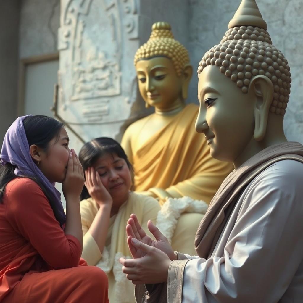 A poignant scene of individuals kneeling close to the Buddha, weeping openly and showing their sorrow