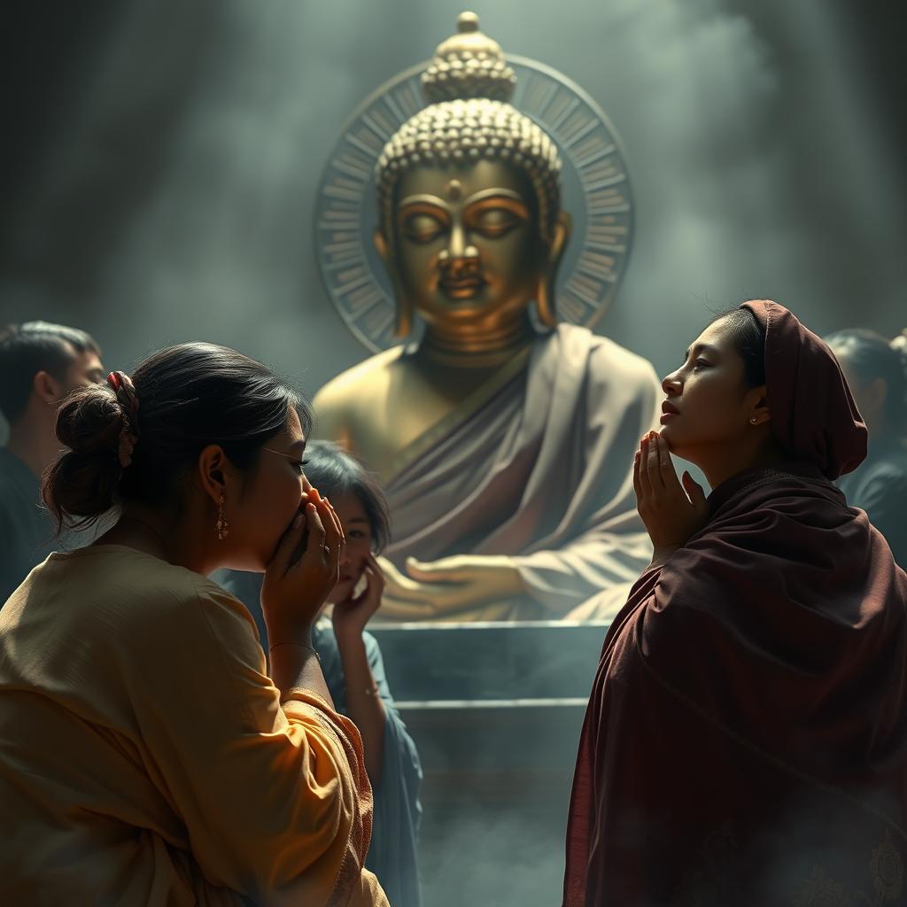 A poignant scene depicting individuals kneeling before the Buddha, deeply mourning and weeping