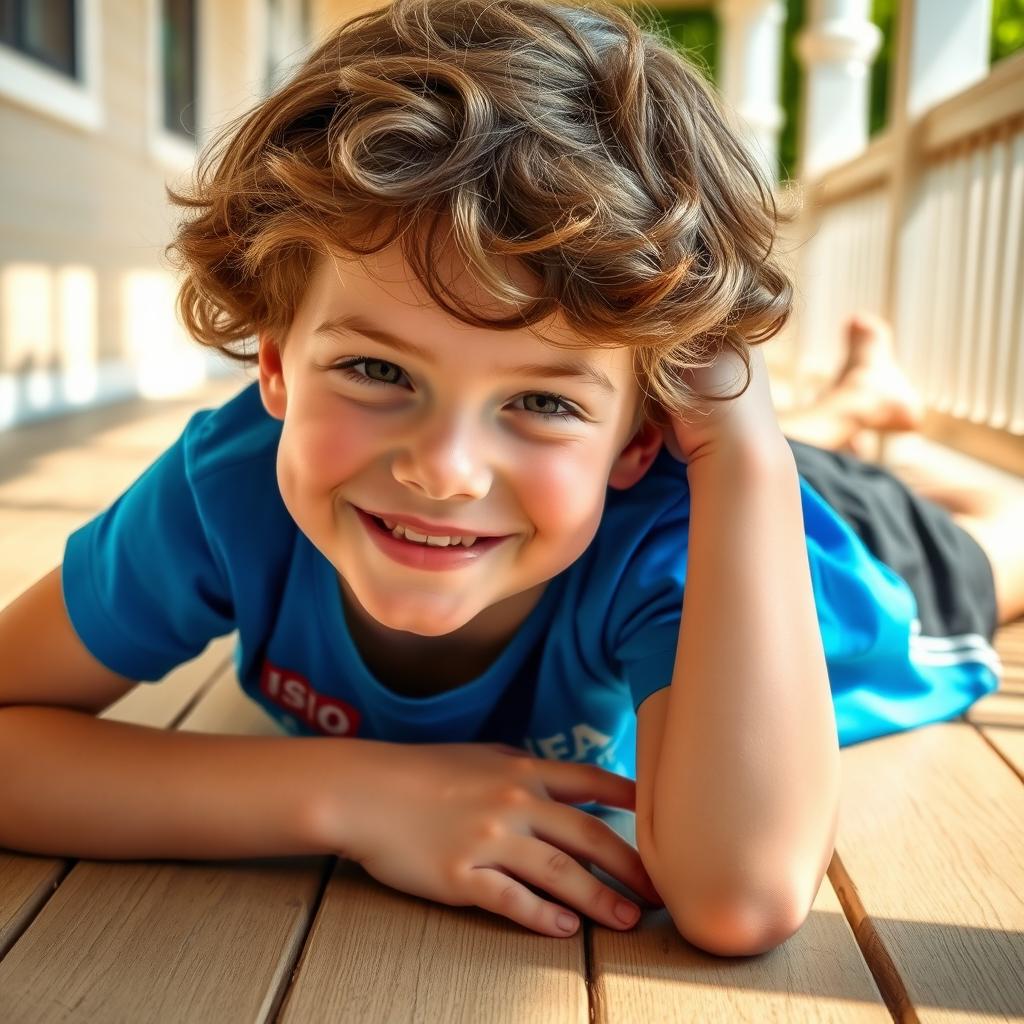 A young Caucasian boy with ash brown wavy hair, looking playful and carefree, lying on a sunny veranda