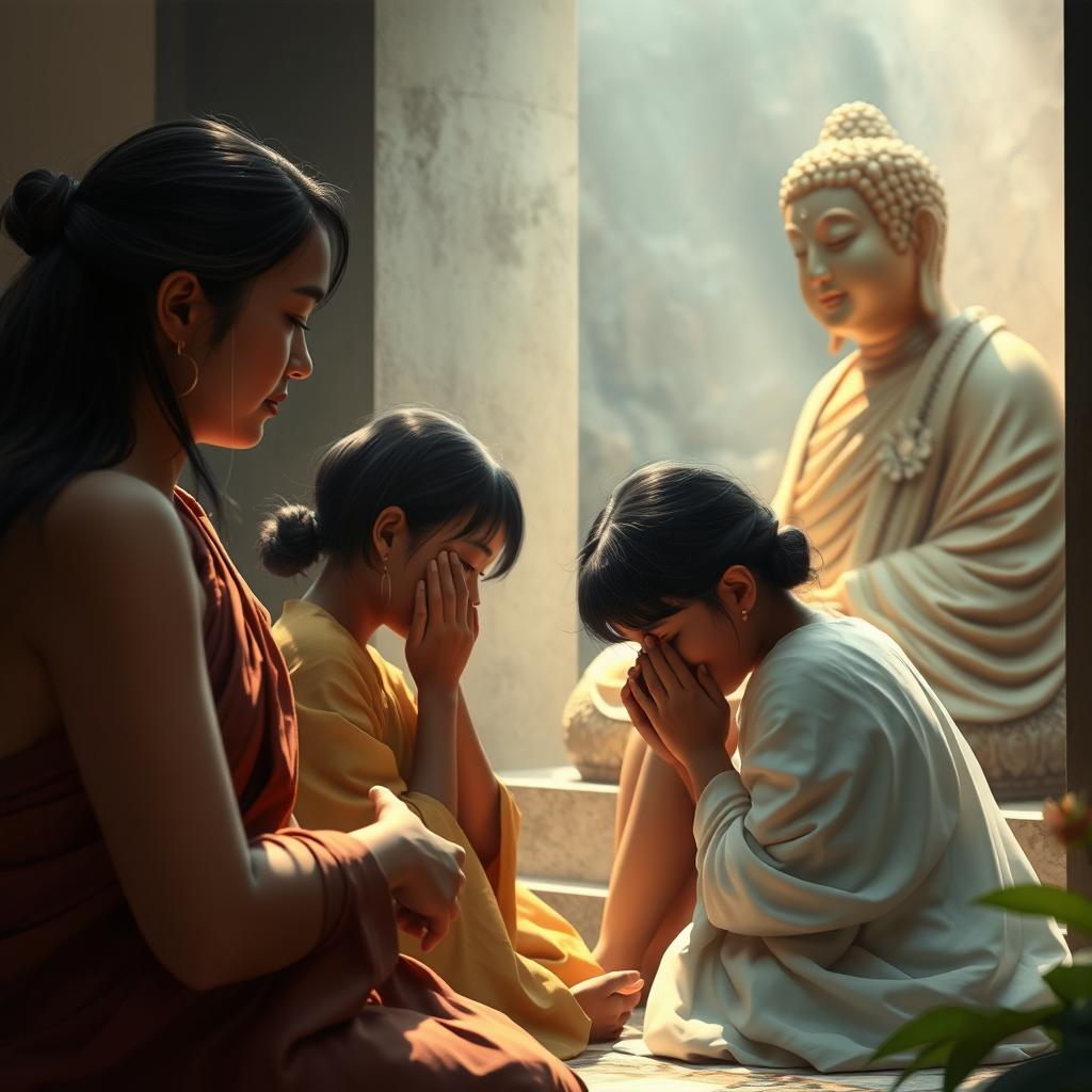 A heartfelt scene showing individuals kneeling near the Buddha, weeping and expressing their sorrow