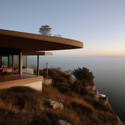 A highly detailed architectural photograph of a minimalist home perched on the edge of a cliff.