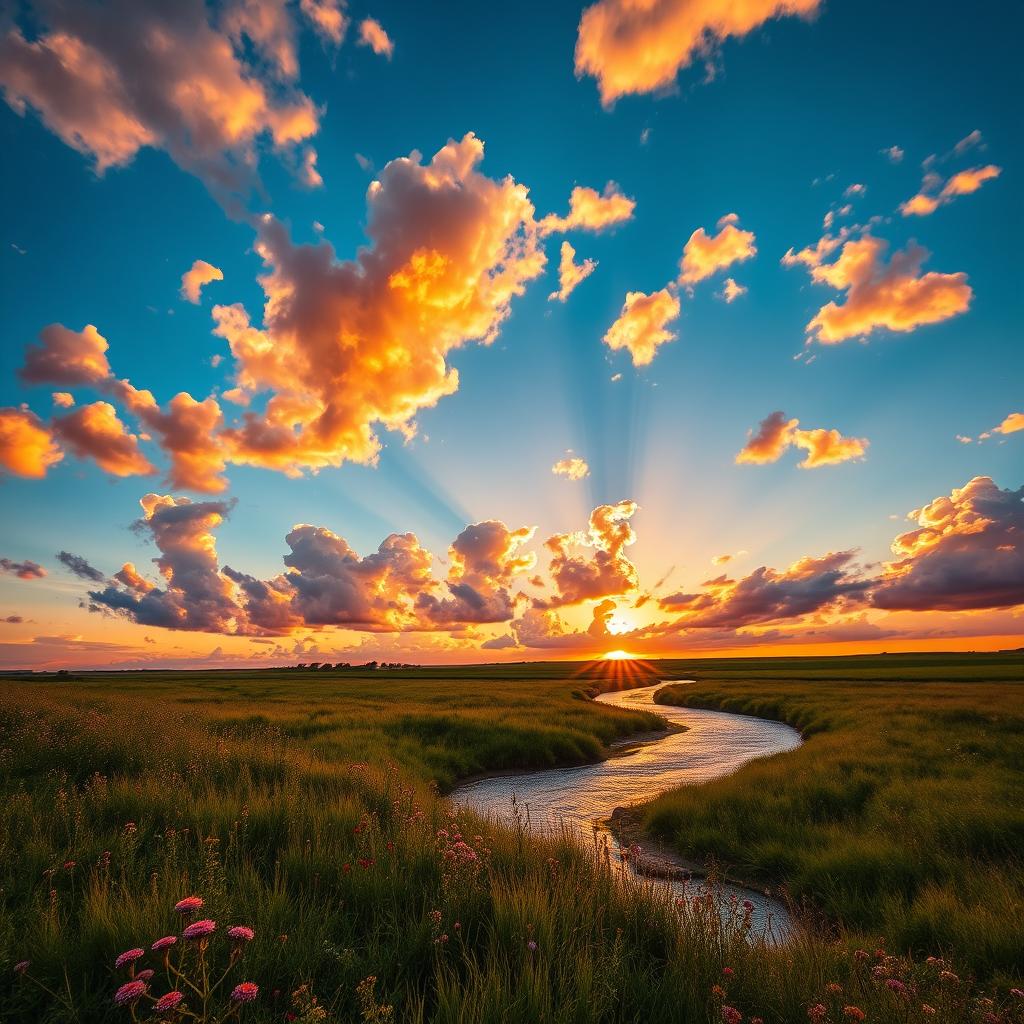 An image showcasing a bright, vibrant landscape at sunset, featuring dramatic clouds with rich oranges, pinks, and purples blending seamlessly into a deep blue sky