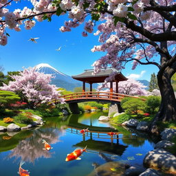 A peaceful Japanese garden landscape, featuring a serene pond with koi fish swimming, cherry blossom trees in full bloom, and a traditional wooden bridge arching over the water