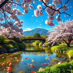 A peaceful Japanese garden landscape, featuring a serene pond with koi fish swimming, cherry blossom trees in full bloom, and a traditional wooden bridge arching over the water