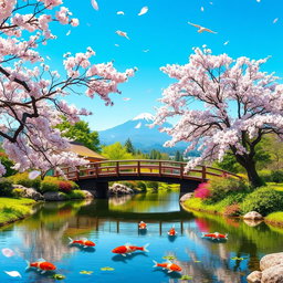 A peaceful Japanese garden landscape, featuring a serene pond with koi fish swimming, cherry blossom trees in full bloom, and a traditional wooden bridge arching over the water
