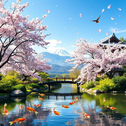 A peaceful Japanese garden landscape, featuring a serene pond with koi fish swimming, cherry blossom trees in full bloom, and a traditional wooden bridge arching over the water