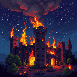 A pixel art scene depicting a burning ruined castle, with flames licking the turrets and billowing smoke rising into a starry night sky