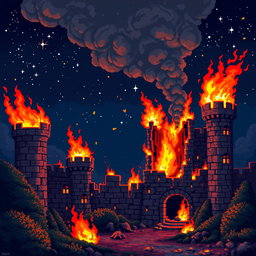 A pixel art scene depicting a burning ruined castle, with flames licking the turrets and billowing smoke rising into a starry night sky