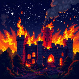 A pixel art scene depicting a burning ruined castle, with flames licking the turrets and billowing smoke rising into a starry night sky