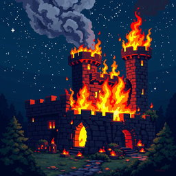 A pixel art scene depicting a burning ruined castle, with flames licking the turrets and billowing smoke rising into a starry night sky