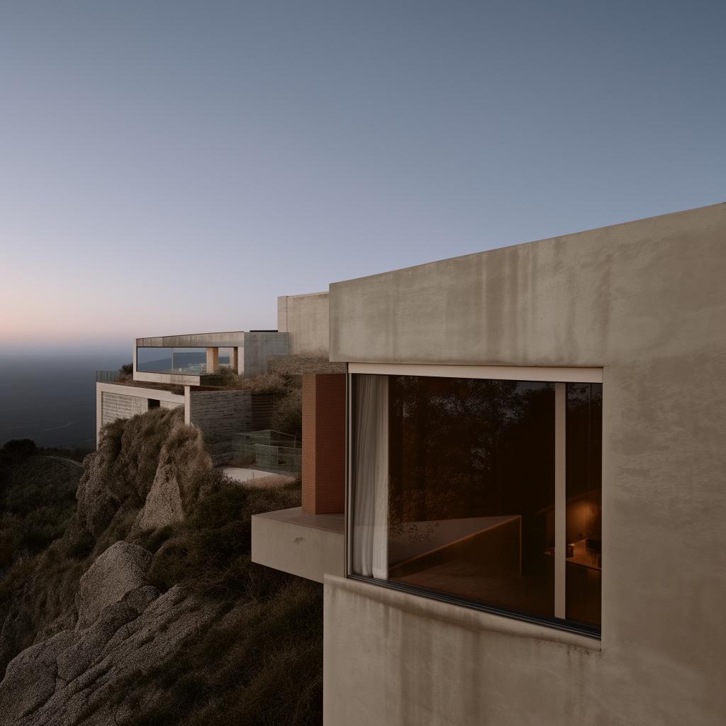 A highly detailed architectural photograph of a minimalist home perched on the edge of a cliff.