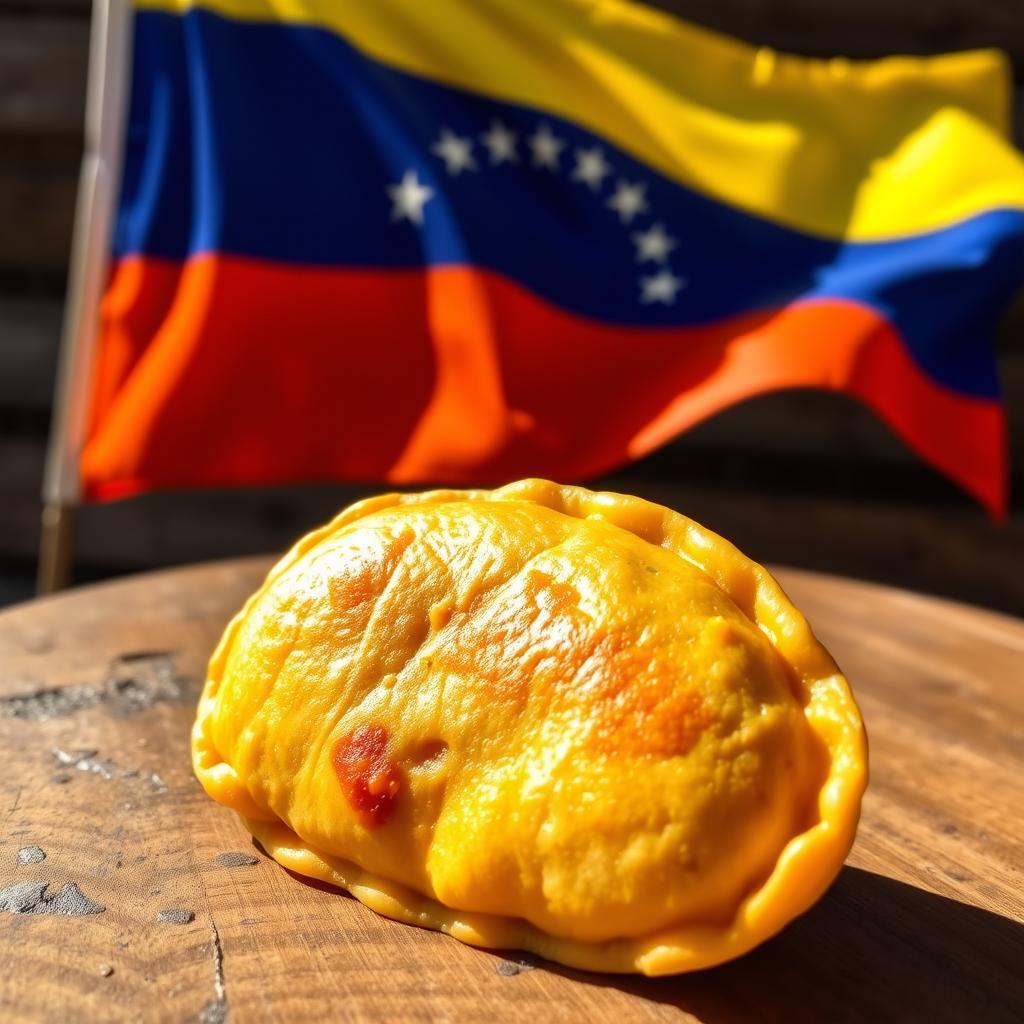 A delicious golden empanada served on a rustic wooden table, with the Venezuelan flag waving gracefully in the background