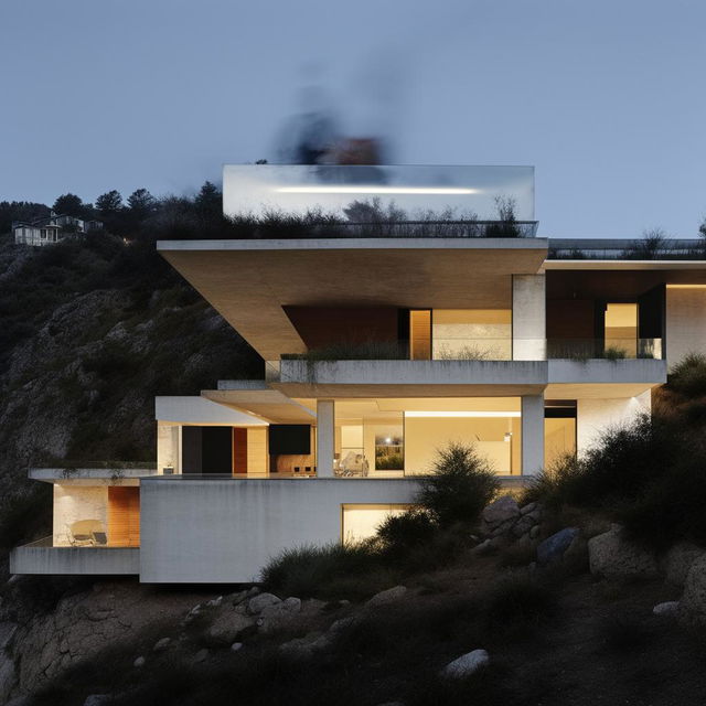 A highly detailed architectural photograph of a minimalist home perched on the edge of a cliff.