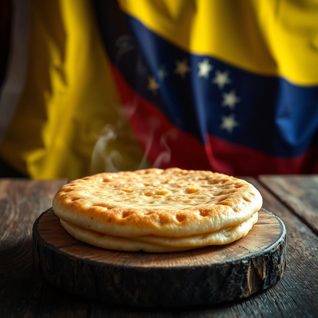 A freshly made arepa on a rustic wooden table, showcasing its golden-brown texture and steam rising from it
