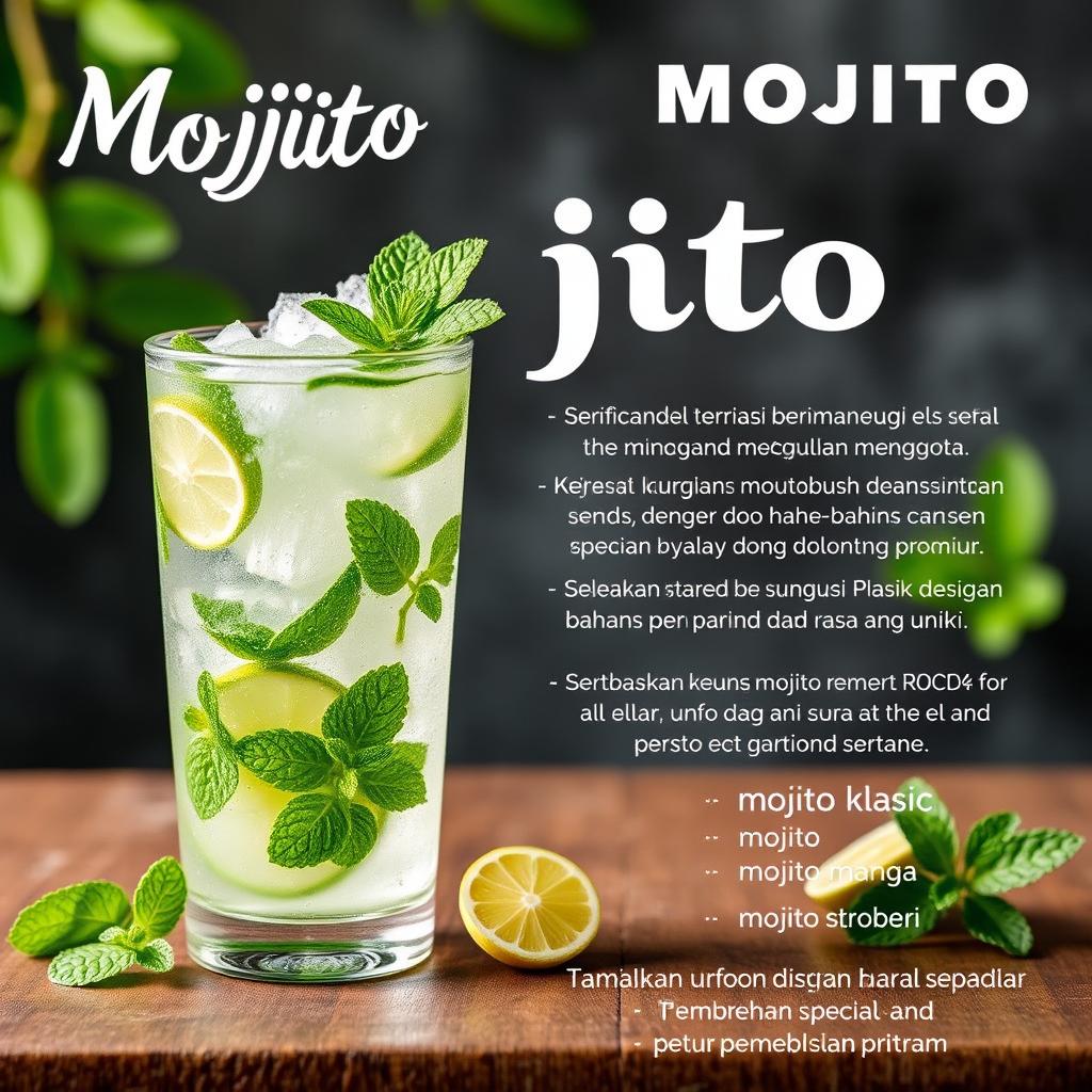 Pamflet promosi produk mojito yang segar dan menggoda, menampilkan gambar gelas mojito yang berisi es, daun mint segar, dan irisan jeruk nipis