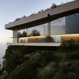 A highly detailed architectural photograph of a minimalist home perched on the edge of a cliff.