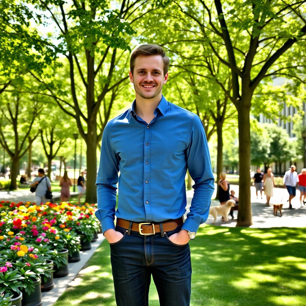 A tall man named John standing confidently in an urban park, surrounded by lush green trees and vibrant flowers