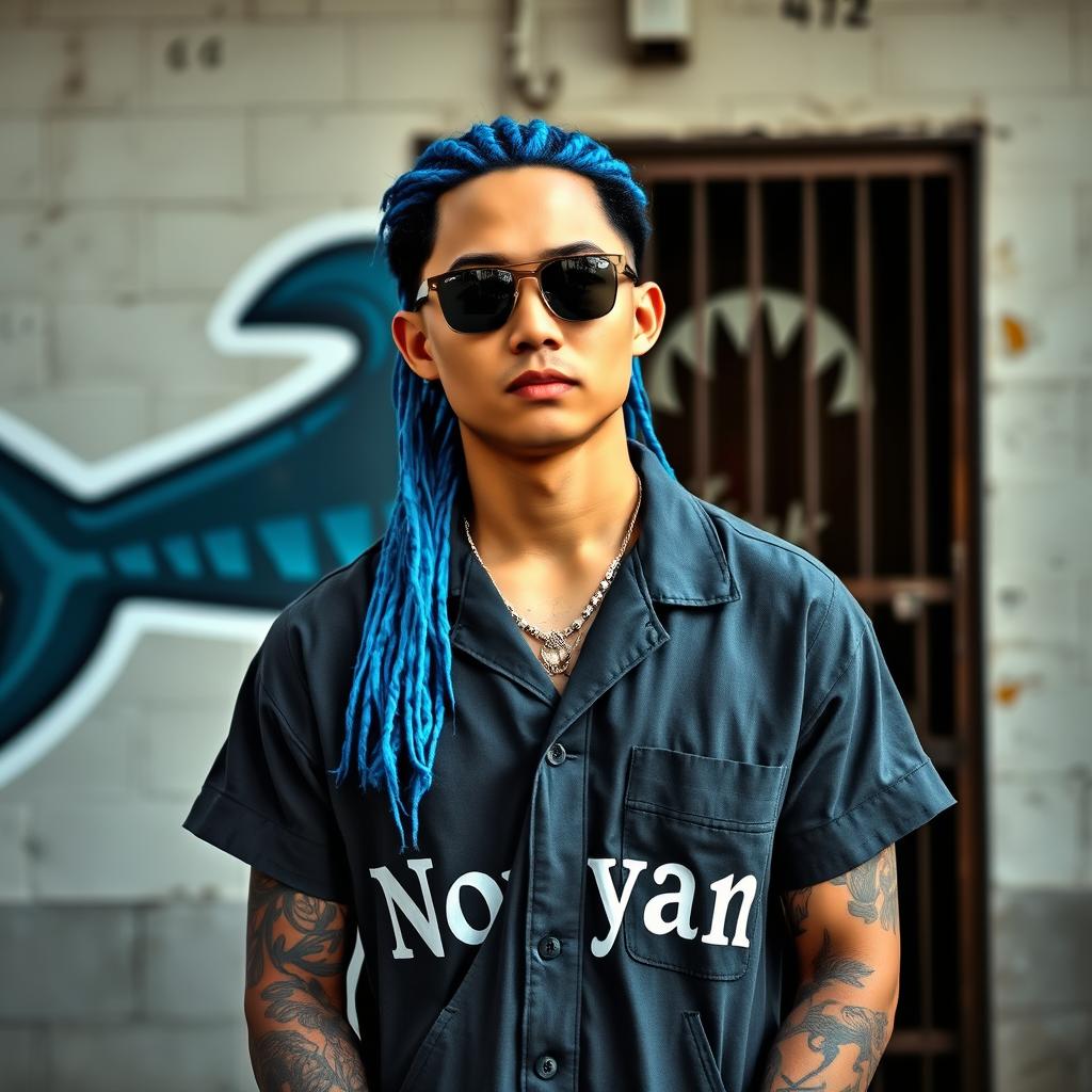A handsome Chinese man with long blue hair styled in cornrows, wearing sunglasses, showcasing a variety of tattoos