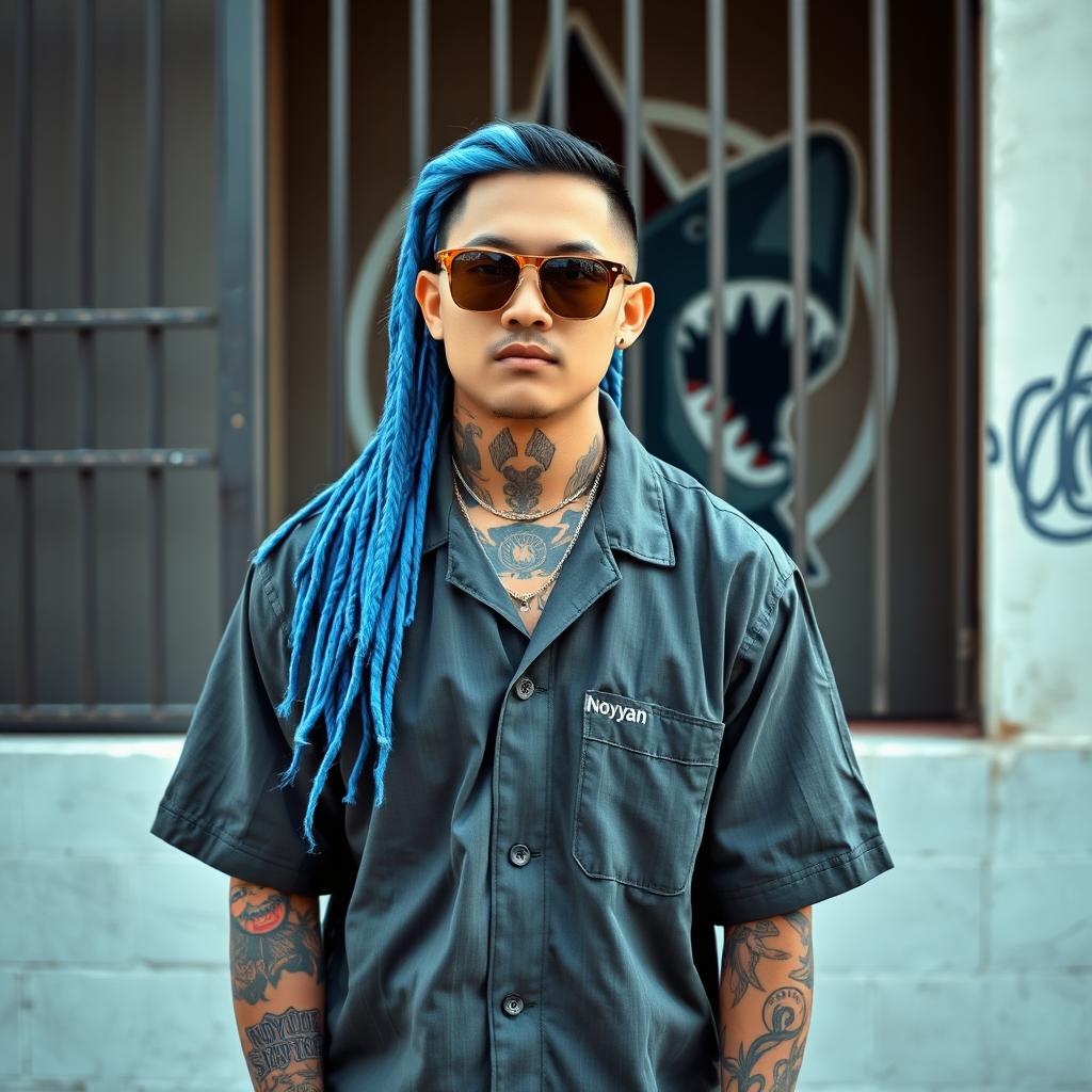 A handsome Chinese man with long blue hair styled in cornrows, wearing sunglasses and displaying numerous tattoos