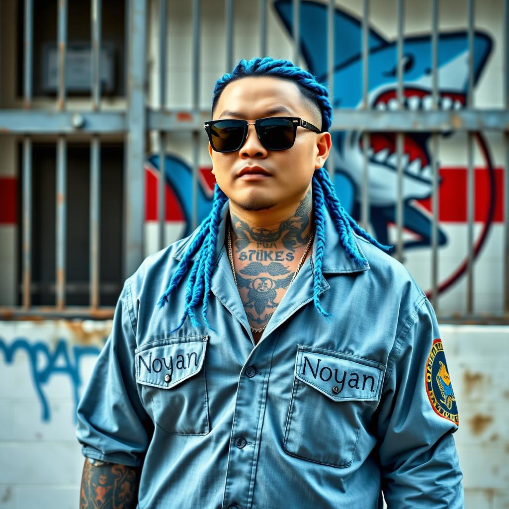 A Chinese man with a stout build, featuring long blue hair styled in cornrows, wearing trendy sunglasses and adorned with numerous tattoos