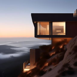 An ultra-detailed architectural photograph capturing a concept minimalist home perched precisely on the peak of a cliff.