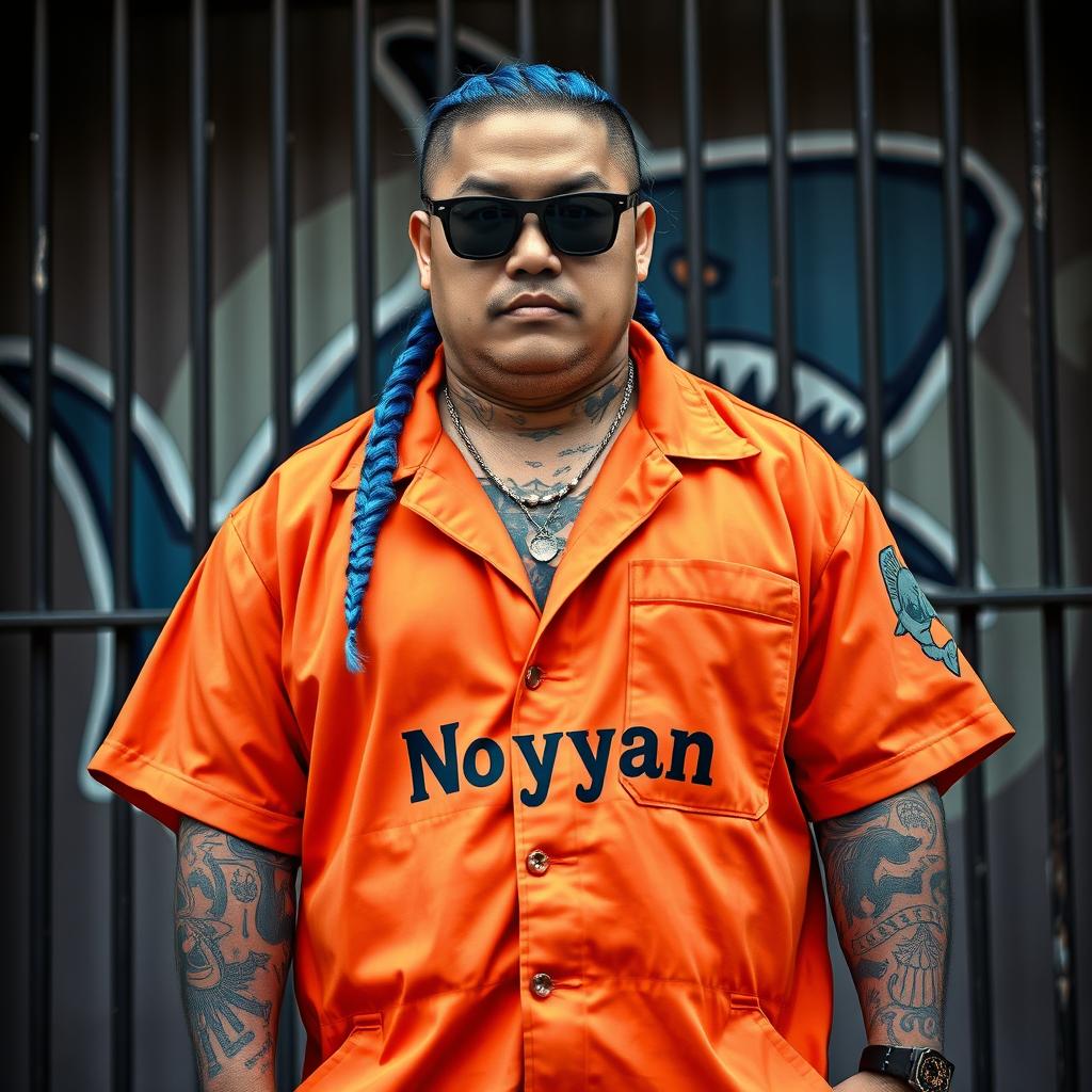 A Chinese man with a stout build, featuring long blue hair styled in cornrows, wearing sunglasses and showcasing a multitude of tattoos