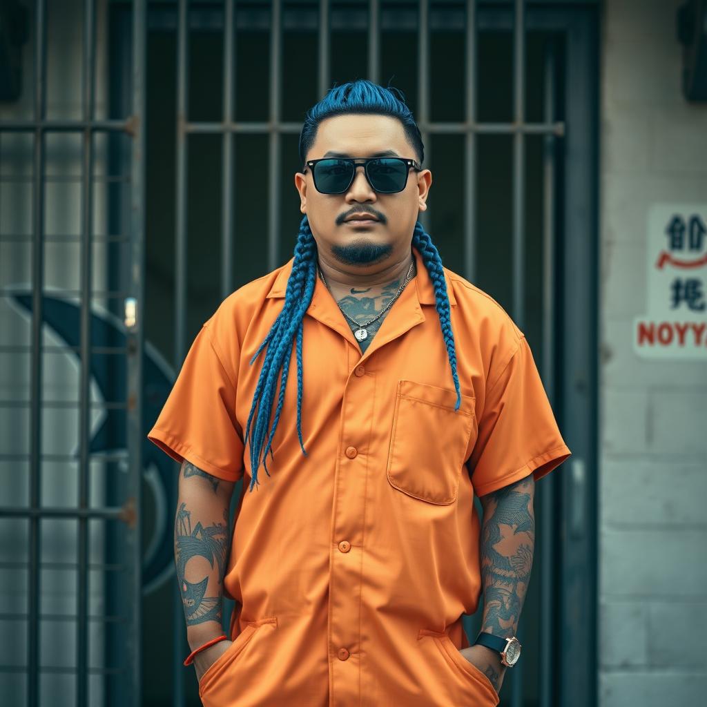 A stout Chinese man with long blue hair styled in cornrows, wearing stylish sunglasses and featuring an array of tattoos