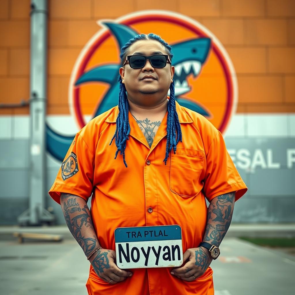 A Chinese man with a plump physique and long, blue cornrow-style hair stands confidently in front of a prison