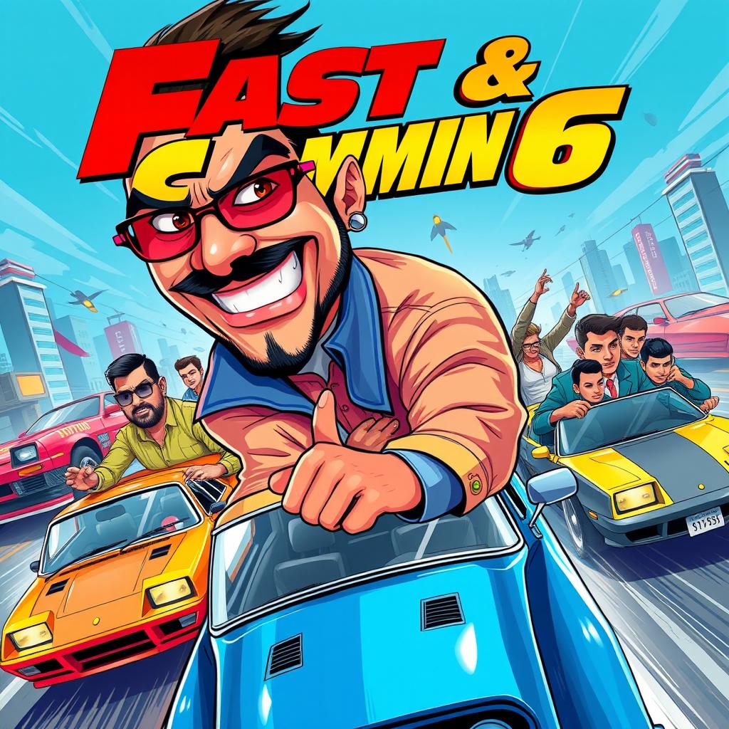 A vibrant and exaggerated 2D Anime poster for a fictional movie titled "Fast & Scammin 6"