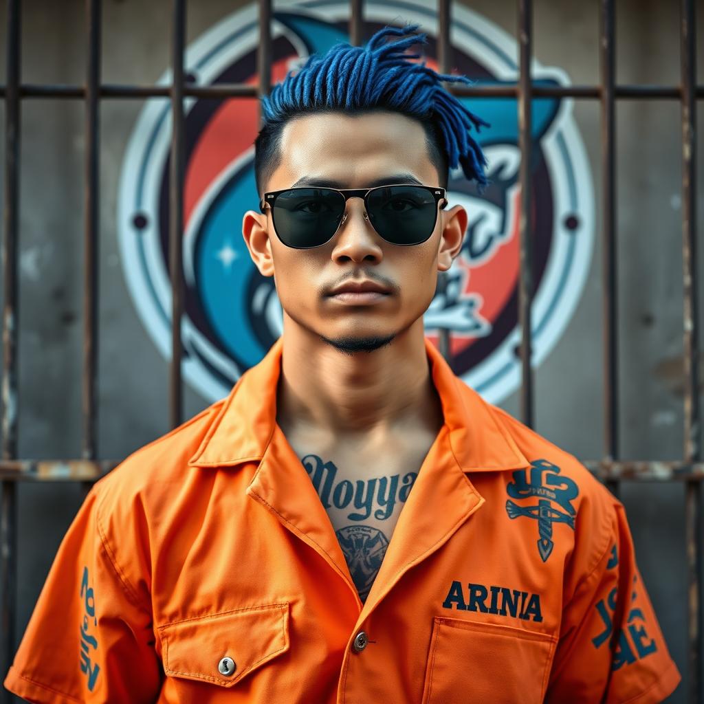 A handsome Japanese man with a sturdy build, featuring long blue cornrow hair