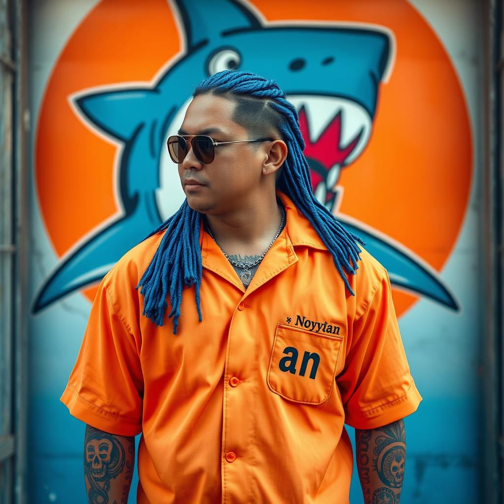 A Japanese man with a full figure, featuring long blue cornrow hair that flows down his back