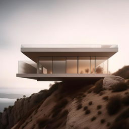 An ultra-detailed architectural photograph capturing a concept minimalist home perched precisely on the peak of a cliff.