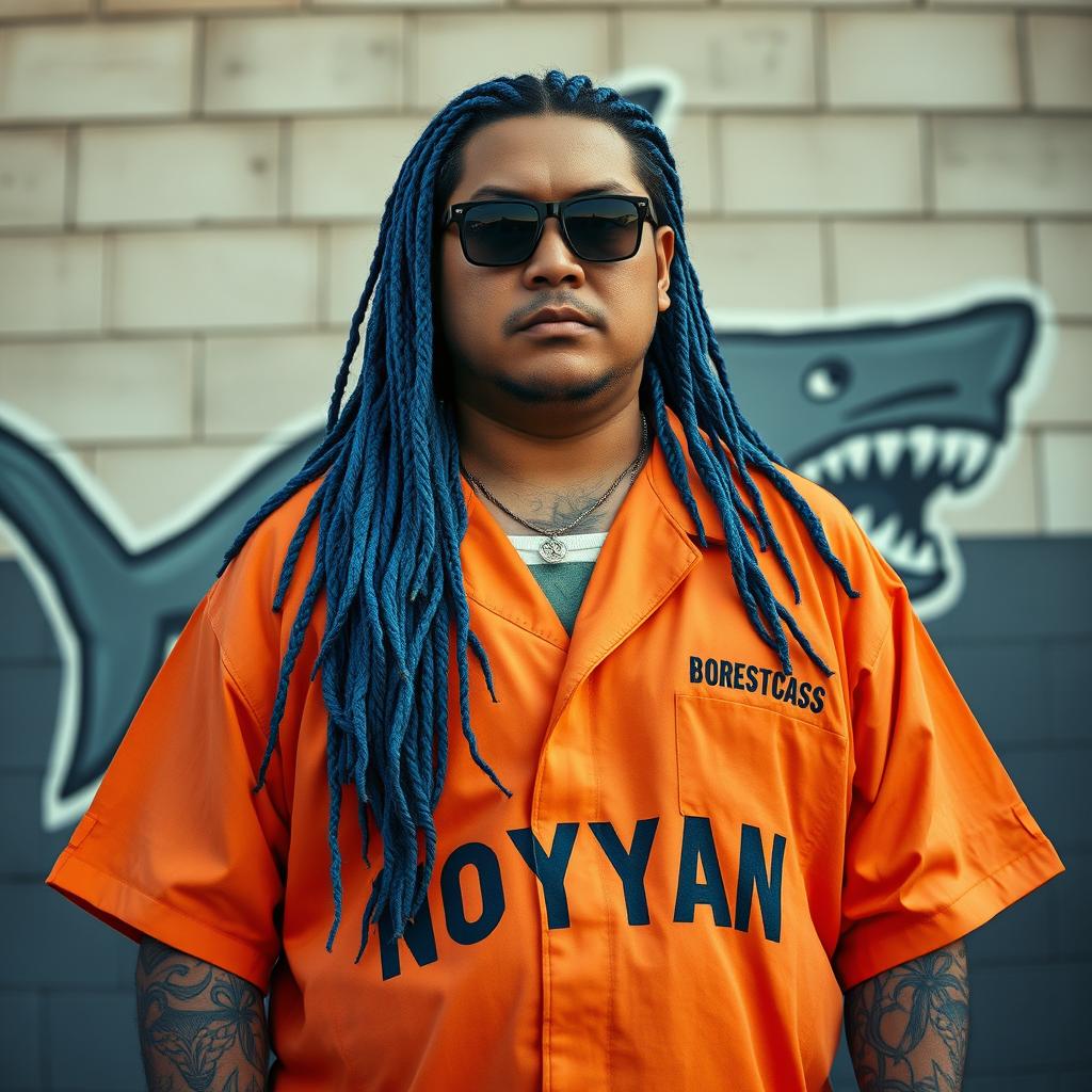A large Japanese man with long blue hair styled in cornrows, standing confidently in front of a jail