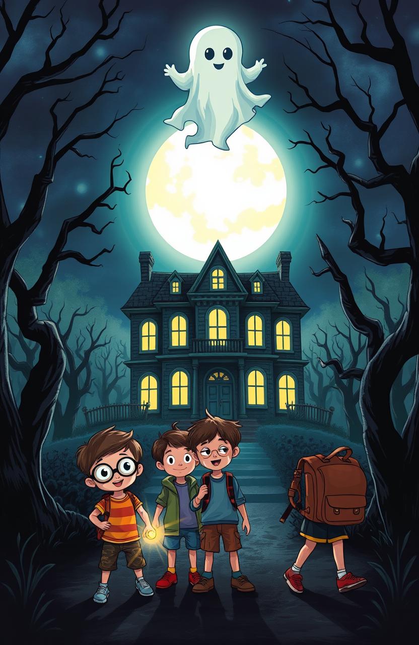 A captivating and eerie illustration for a children's horror adventure book titled "The Mysterious Mansion"